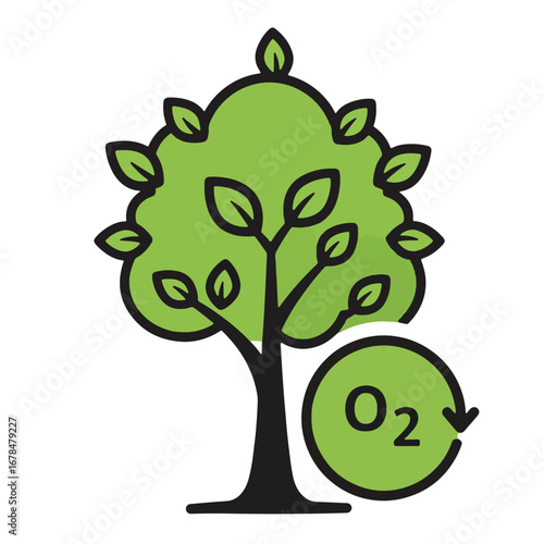 A stylized illustration depicting a green tree with leaves and a circular oxygen symbol.