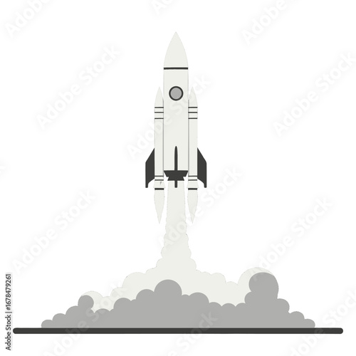 Detailed White Rocket Launching with Gray Smoke Clouds on White Background Vector Illustration
