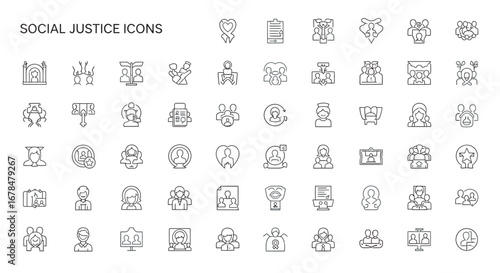 Collection of social justice symbols representing equality, diversity, and human rights on a clean white backdrop, promoting themes of fairness and inclusivity.