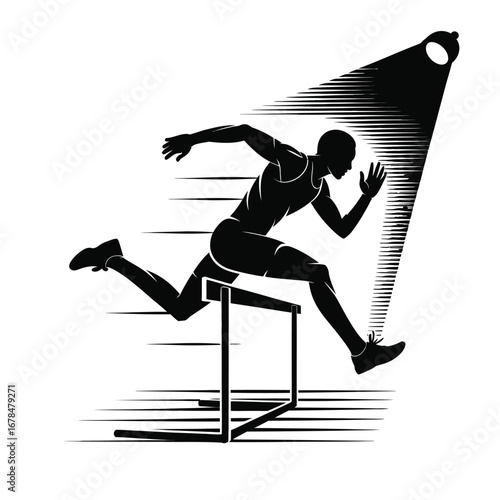 Spotlight on Athlete Hurdler Silhouette Vector Illustration of a Runner Jumping Over a Hurdle in a Track and Field Event Black Design