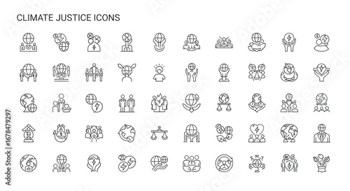 Collection of climate justice symbols represents environmental activism and advocacy for sustainable solutions on a clean white backdrop, promoting awareness and change.