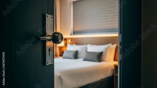 Open hotel room door revealing a cozy and modern bedroom