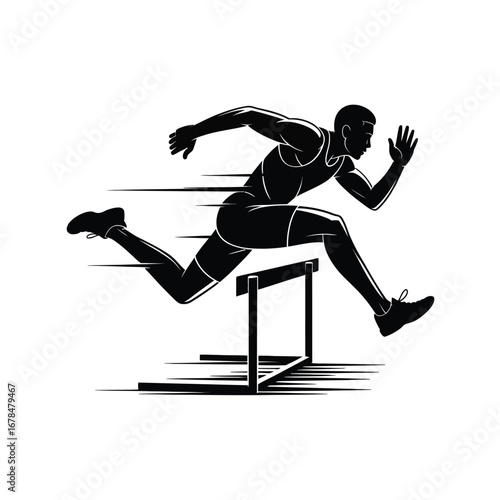 Athlete Hurdler Silhouette Vector Illustration of a Runner Jumping Over a Hurdle in a Track and Field Event Black and White Design