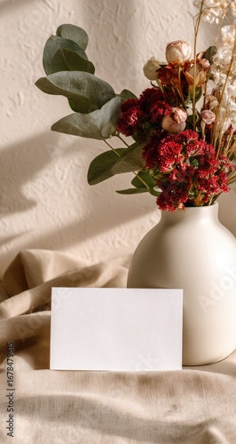 Blank card, dried flowers in cream vase, beige backdrop