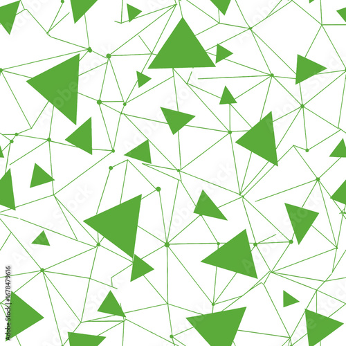 Modern Geometric Pattern with Green Triangles and Connecting Lines on White Background Seamless Abstract Design Wallpaper Template