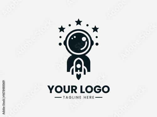 Vintage retro space kid astronaut with classic rocket and stars vector logo