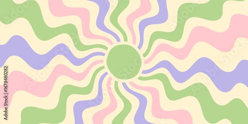 Groovy retro pastel burst background with abstract flat sun and wavy sunshine. Y2k graphic in horizontal format, vintage decorative style for contemporary design uses.