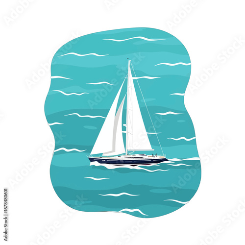A Minimalist Vector Illustration of a Sailboat on a Calm Sea with White Sails and Blue Water Under Favorable Weather Conditions