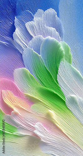 Colorful painting of a flower with green, blue, and pink petals. The painting has a dreamy, whimsical feel to it