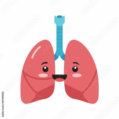 Cartoon illustration of lungs and trachea with a smiling face on a white background.