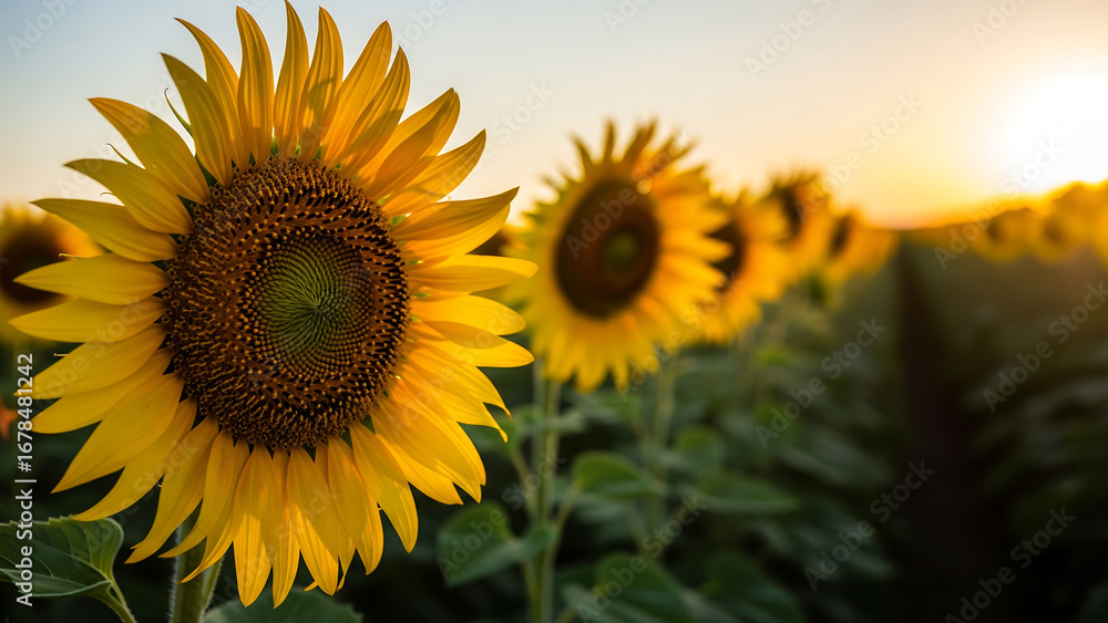 Fototapeta premium Golden sunflowers facing the setting sun