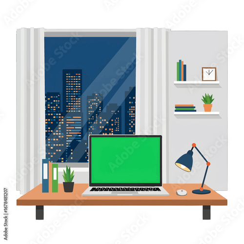 Modern Workspace at Night with City View Green Screen Laptop Computer and Bookshelf Interior Design for Product Mockups and Office Decor