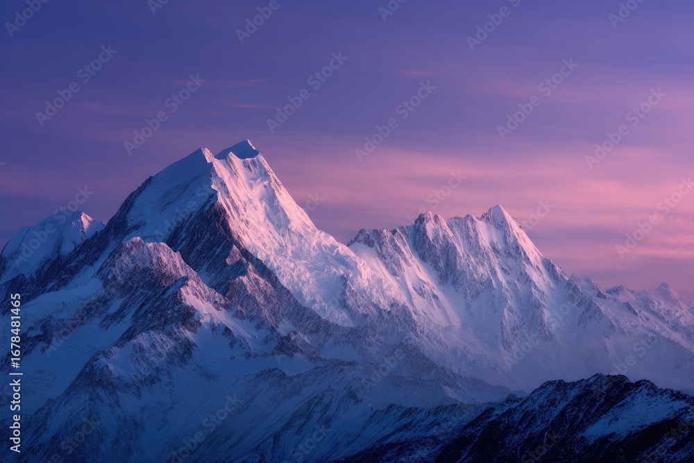 Fototapeta premium Snowy mountain peaks at sunset