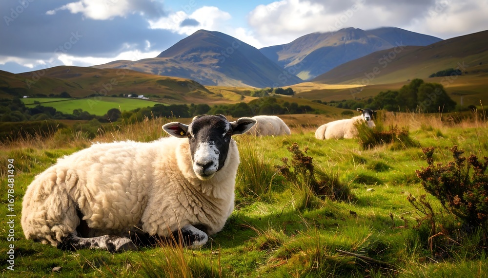 Fototapeta premium Sheep Grazing in a Mountain Meadow.