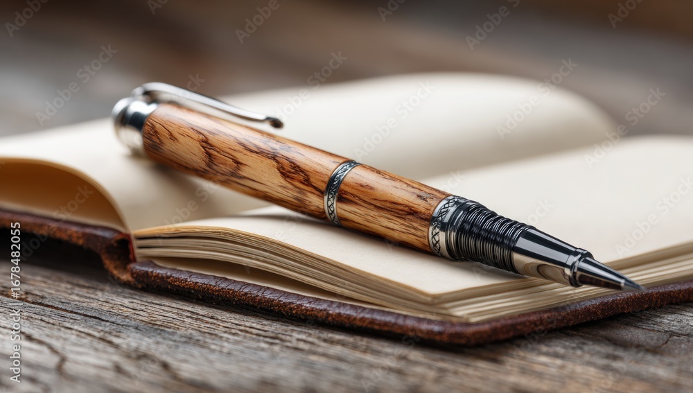 Fototapeta premium Wooden pen resting on open notebook