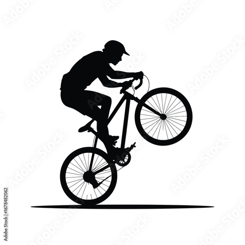 Acrobatic Cyclist Silhouette Illustration A Black Vector Depiction of a Wheelie Stunt on a Bicycle Against a White Backdrop