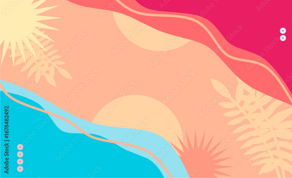 Obraz premium Abstract tropical background illustration with vibrant colors of red, blue, and peach. Modern flat design featuring leaf silhouettes and sun shapes, perfect for posters, flyers, banners, web design, p