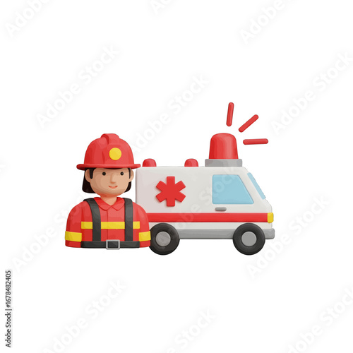 3D Rendering of Smiling Firefighter in Red and Yellow Gear Standing Beside Ambulance with Flashing Lights on White Background