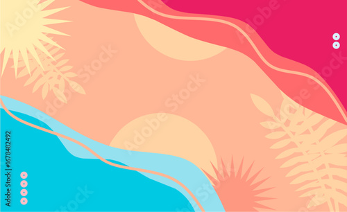 Abstract tropical background illustration with vibrant colors of red, blue, and peach. Modern flat design featuring leaf silhouettes and sun shapes, perfect for posters, flyers, banners, web design, p