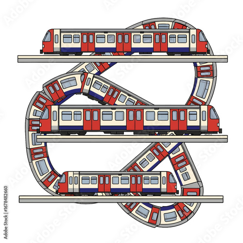 Modern White and Red Subway Train on a Complex Track Illustration with Black Outline and Precise Detailing on White Background