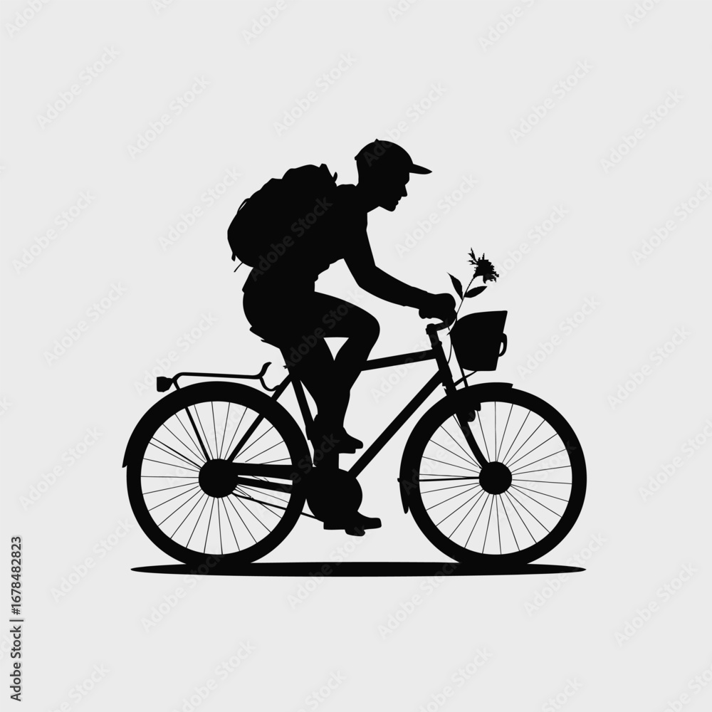 Obraz premium Detailed Vector Illustration of a Black Silhouette Bicyclist with Backpack and Flowers in Basket on a Bicycle Ride Graphic Design