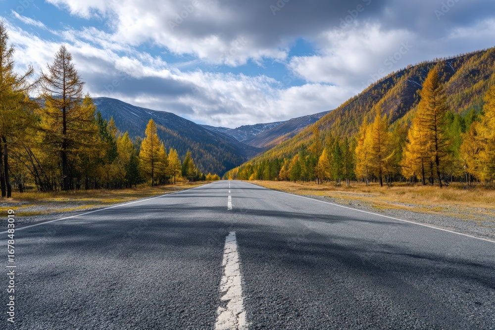 Fototapeta premium Scenic view of Chuysky Trakt, passing through yellow larches and mountains of Altai Republic, under a cloudy sky