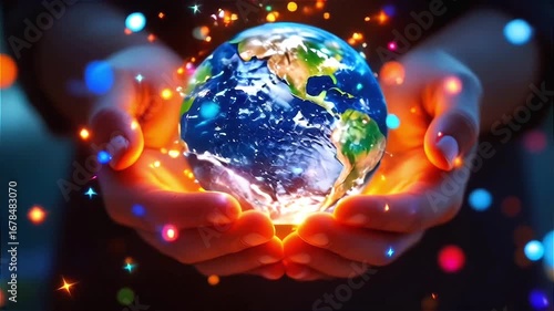 Caring hands gently hold a glowing Earth, symbolizing global unity and environmental consciousness for a sustainable futureai generated, 3d animation 4k video clip