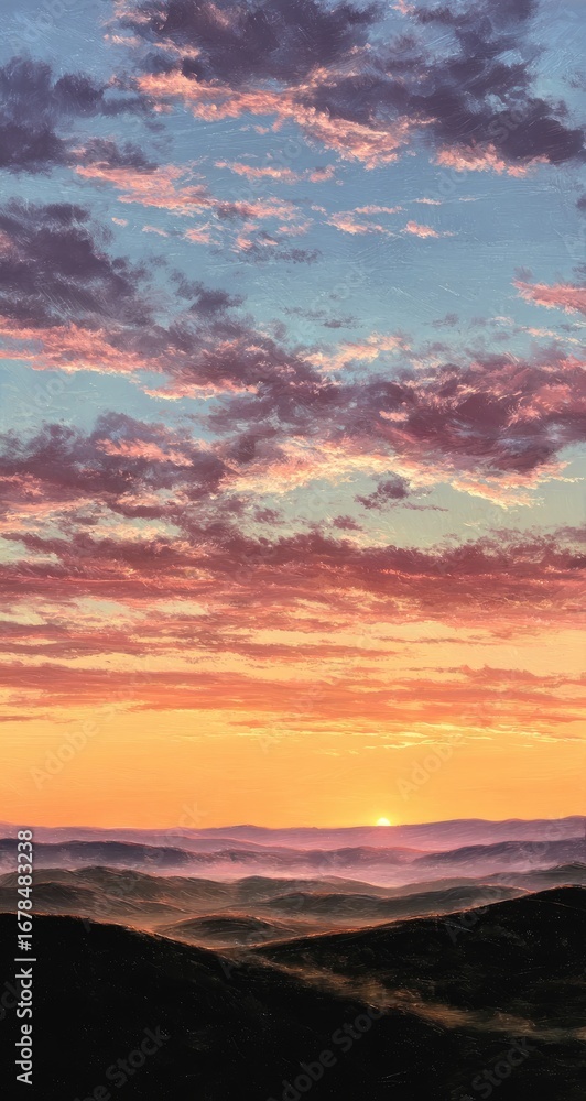 Obraz premium Sunrise over a misty mountain range. Soft, colorful clouds fill the sky