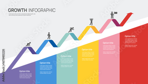 Colorful growth infographic template with zigzag arrow timeline 6 steps and Business timeline success icons vector.