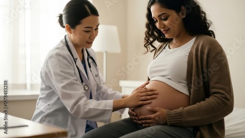 Prenatal examination doctor palpating pregnant womans abdomen in clinic healthcare and wellness