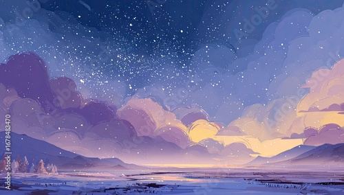Starry night landscape, pastel hues
