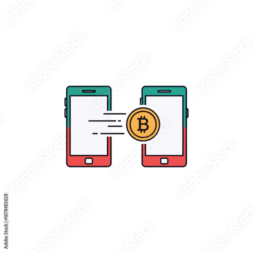 Illustration depicts a Bitcoin cryptocurrency transfer between two mobile phones, digitally.