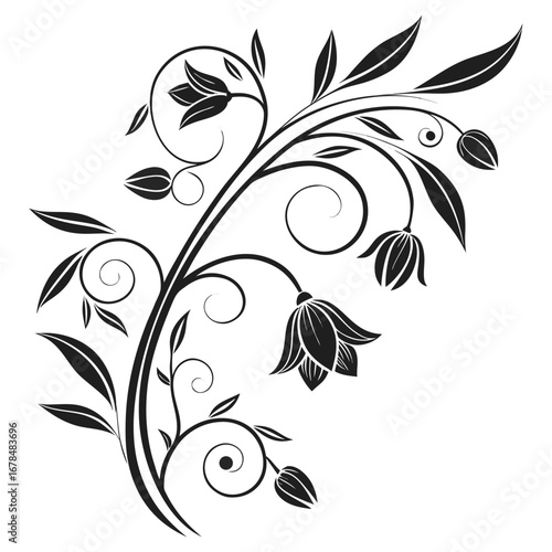 Black floral vine with swirling tendrils and bell flowers