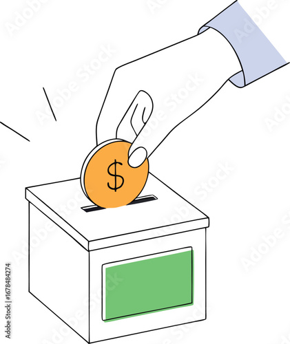 Hand putting coin in donation box, symbolizing charity and financial support for a good cause