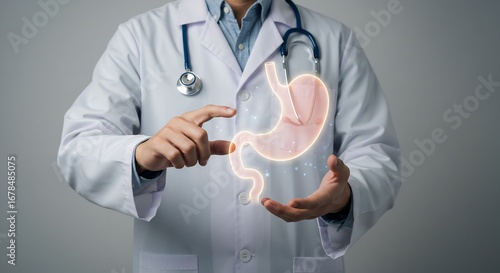 Doctor Holding Illuminated Stomach Anatomy, Medical Concept, Healthcare, Diagnostic Tool, Body Organ, Medical Technology, Gastroenterology, Digestive System
