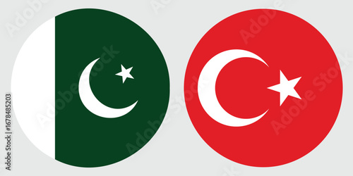 Pakistan and Turkey National Flags  Circular Vector Design on Grey Background 