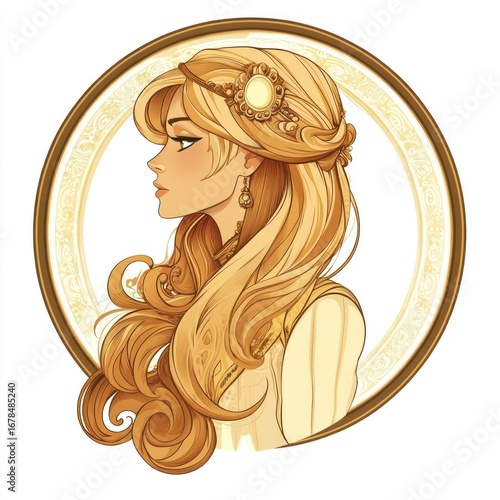 blonde woman profile portrait, gold frame clip art preview