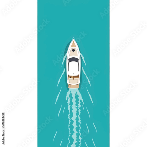 Top View of a White Motor Yacht Sailing on Turquoise Sea Creating Wake on a Sunny Day Depicting Luxury and Adventure