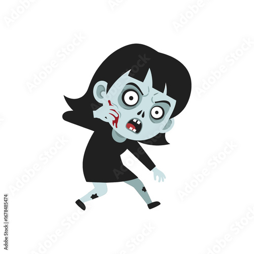 Cartoon Zombie Girl with Pale Skin and Black Hair Walking Aggressively on White Background for Halloween
