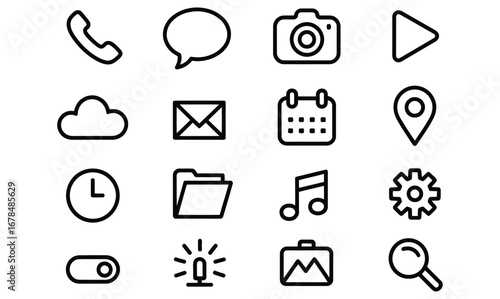 WebExplore essential app icons for seamless user interface design and enhance your project with these versatile symbols including phone, camera, play, cloud, calendar, and more