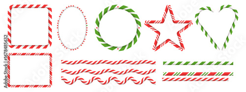 Holiday candy cane shape frames. Rectangle, circle, star, and heart borders in striped red and green lollipop style.