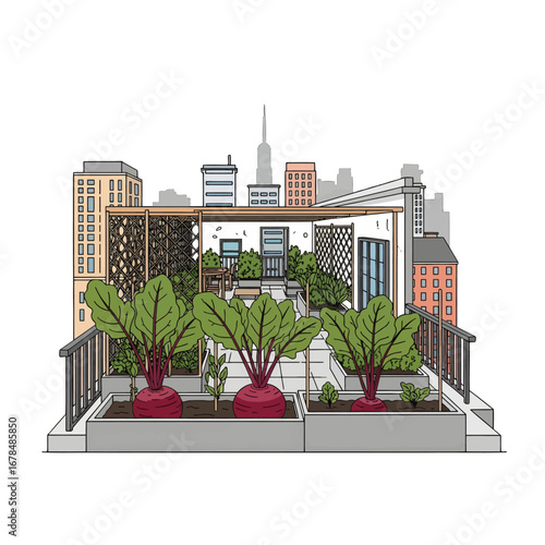 Vibrant Rooftop Urban Garden with Raised Beds Growing Fresh Vegetables Against a Blurred Cityscape Backdrop Featuring Modern Buildings and Clear Sky