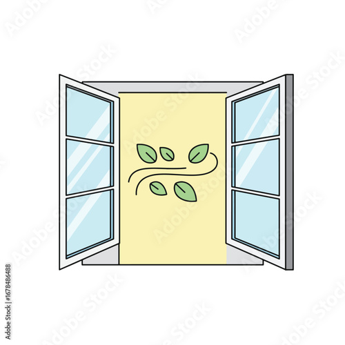Open window with a gentle breeze and leaves, symbolizing fresh air and nature.