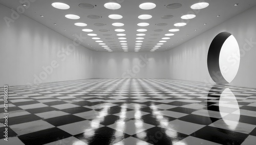 Empty white room, circular lights, checkerboard floor