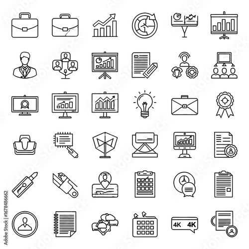 Collection of Business and Office Icons in Black and White Line Art Style Featuring Graph Progress Presentation Documents Calendar and Office Equipment