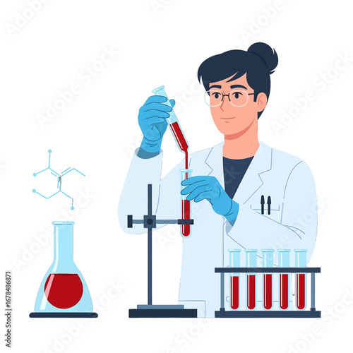 Scientist in White Coat Pouring Red Liquid into Test Tube During Scientific Experiment in a Lab With Glassware and Chemical Structure Diagram