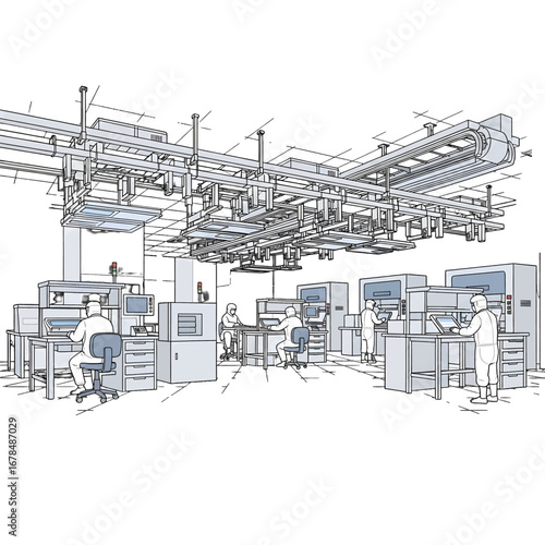 Detailed Factory Assembly Line Illustration with Complex Machinery and Intricate Technological Systems in Monochrome