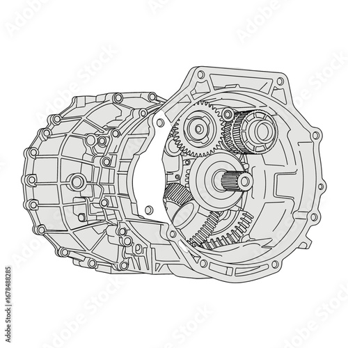 Detailed Gray Scale Mechanical Gearbox Illustration for Automotive Engineering and Machine Design on White Background
