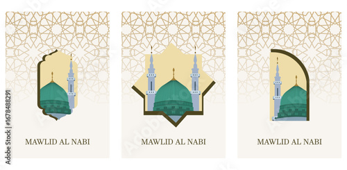 
Mawlid al-Nabi, Prophet Muhammad's Birthday banner, poster and greeting card with the Green Dome of the Prophet's Mosque, Arabic calligraphy text means Prophet Muhammad's Birthday - peace be upon him