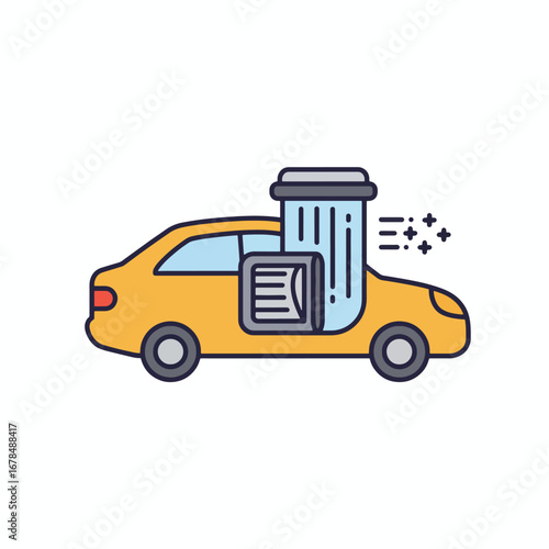 Illustration of a yellow car with an air filter and air purifier inside, symbolizing clean air in vehicles.